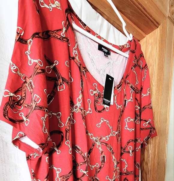 Premise Women's Red Pull-Over Chain Print Short Sleeve T-shirt Dress Sz 3XL NWT - Picture 2 of 7